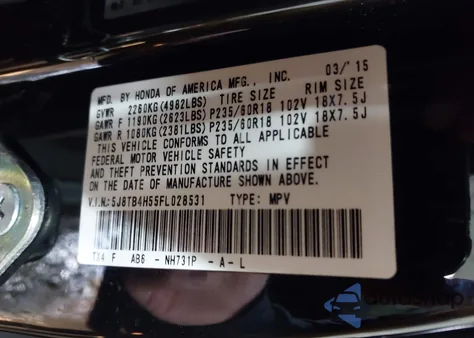 2015 Acura Rdx z USA, uszkodzony, nr VIN 5J8TB4H55FL028531